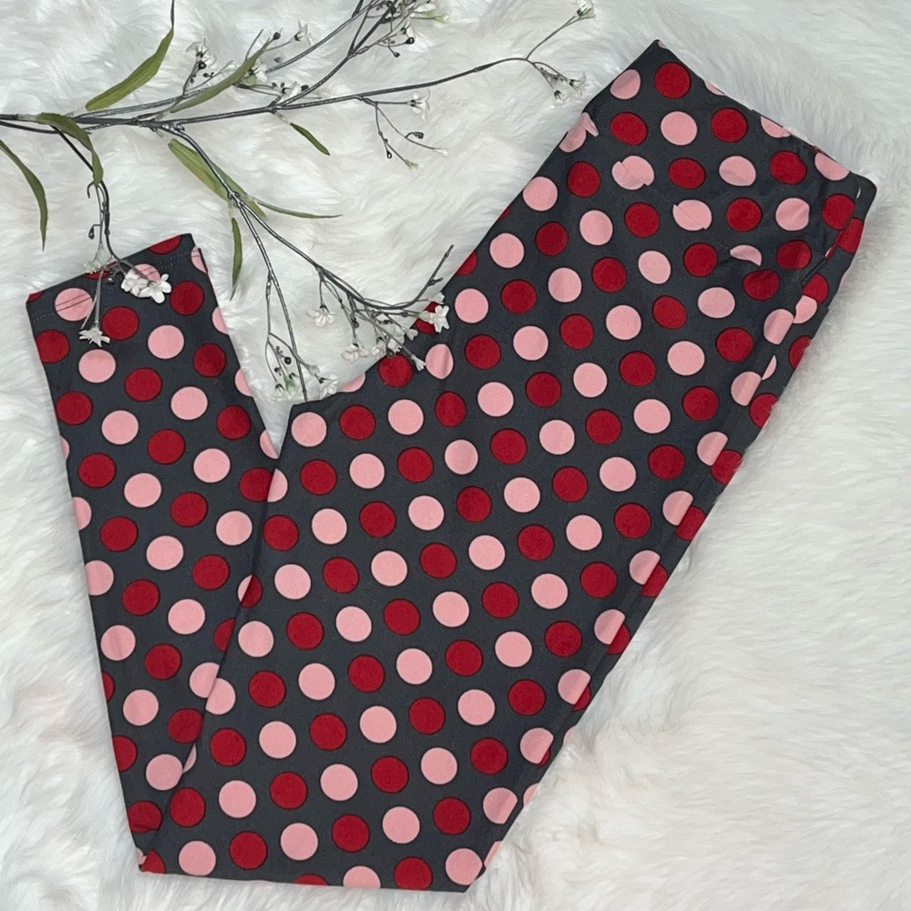 LN~LuLaRoe Leggings One Size~Stretch Pants~Gray W/Polka Dot Red Pink